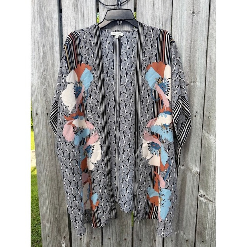 Boho Max Studio Kimono Womens M Black Floral Geometric Wrap 3703D2907 Open Front